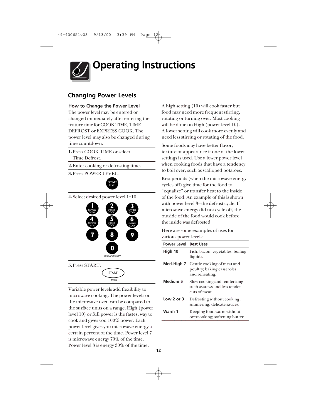 Frigidaire FMT148 warranty Operating Instructions, Changing Power Levels, How to Change the Power Level 