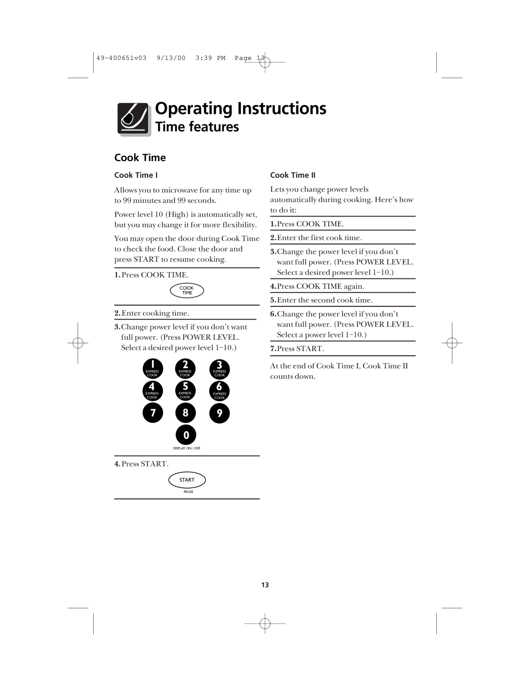 Frigidaire FMT148 warranty Time features, Cook Time 