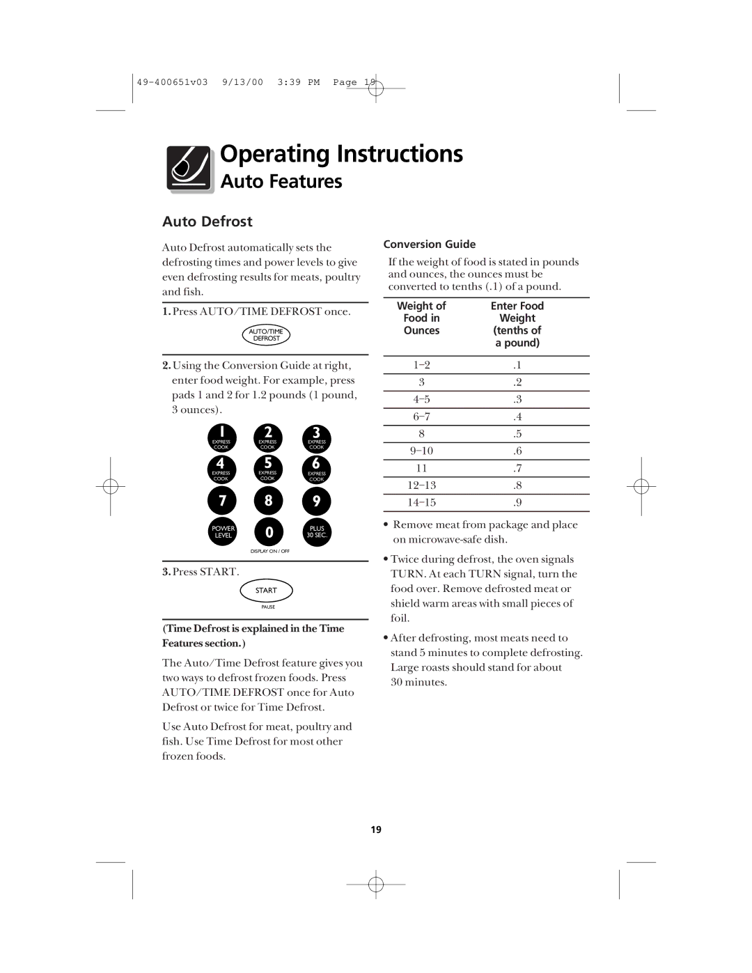 Frigidaire FMT148 warranty Auto Features, Auto Defrost, Conversion Guide, Food 