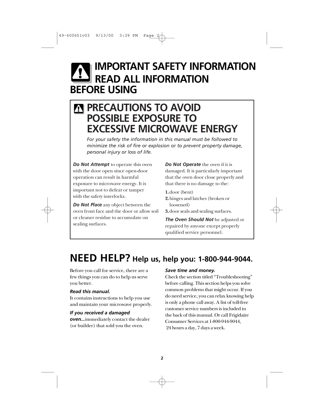 Frigidaire FMT148 warranty Important Safety Information 