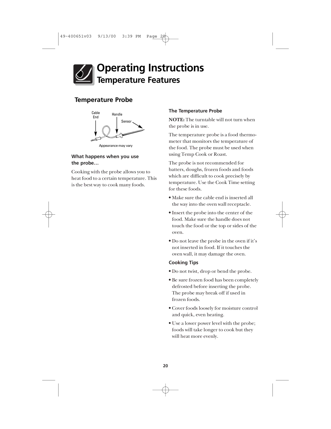 Frigidaire FMT148 warranty Temperature Features, Temperature Probe, What happens when you use the probe…, Cooking Tips 