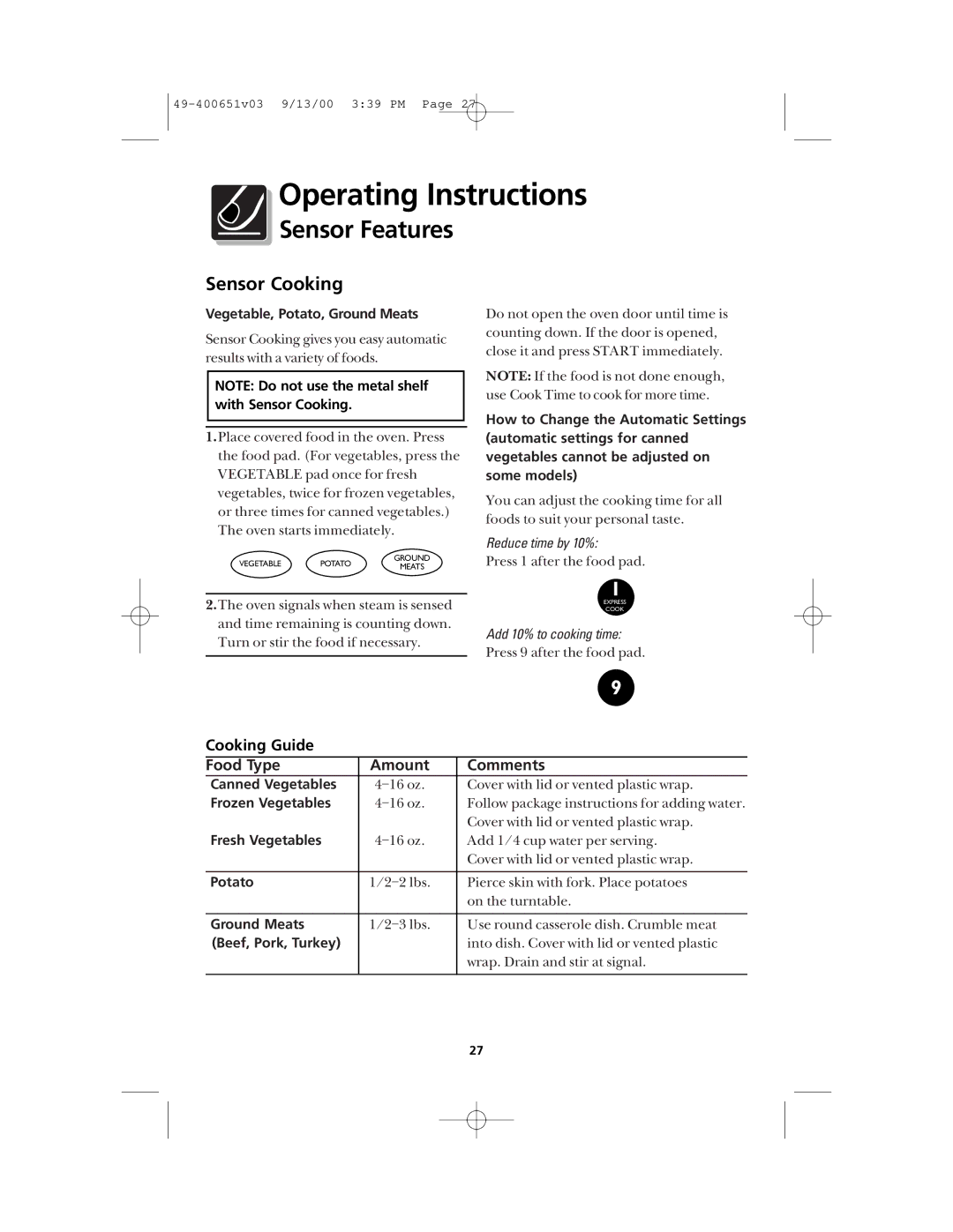 Frigidaire FMT148 warranty Sensor Cooking, Cooking Guide Food Type Amount Comments 