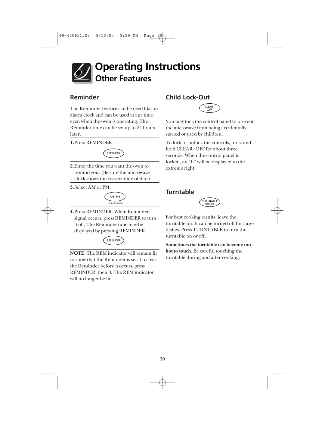 Frigidaire FMT148 warranty Reminder, Child Lock-Out, Turntable 