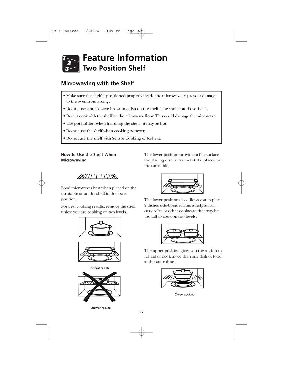 Frigidaire FMT148 warranty Feature Information, Two Position Shelf, Microwaving with the Shelf 