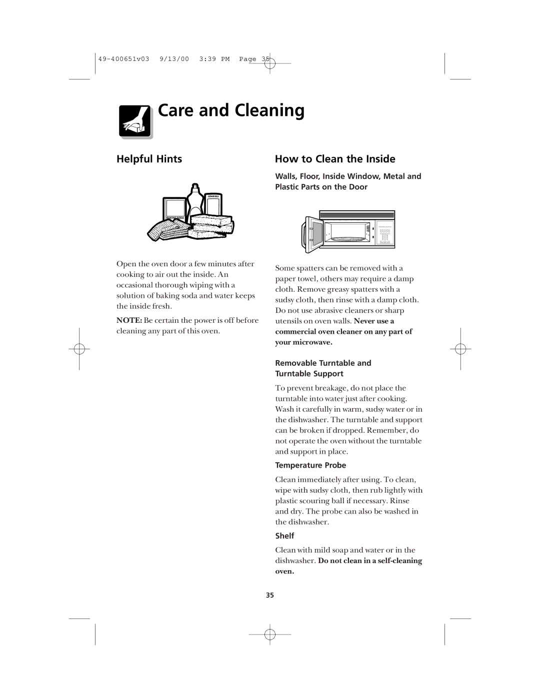 Frigidaire FMT148 Care and Cleaning, Helpful Hints How to Clean the Inside, Removable Turntable Turntable Support, Shelf 