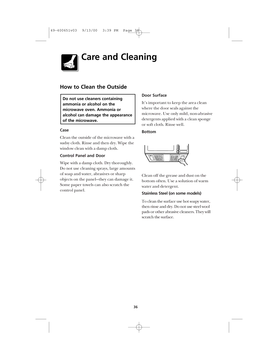 Frigidaire FMT148 How to Clean the Outside, Control Panel and Door, Door Surface, Bottom, Stainless Steel on some models 