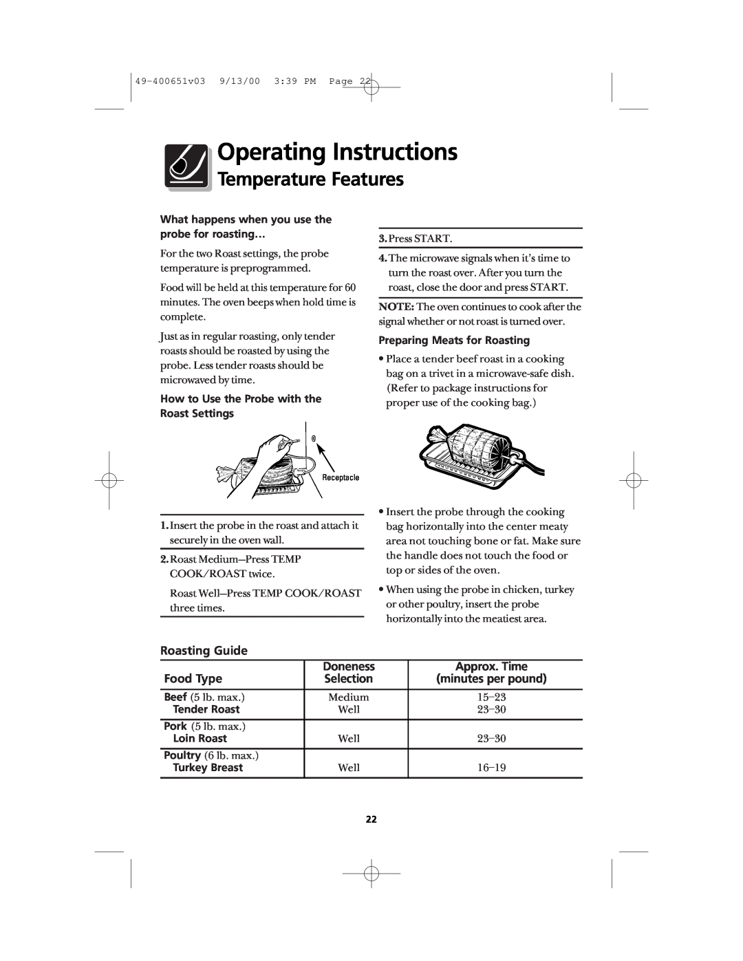 Frigidaire FMT148 warranty Operating Instructions, Temperature Features, Roasting Guide, Doneness, Approx. Time, Food Type 