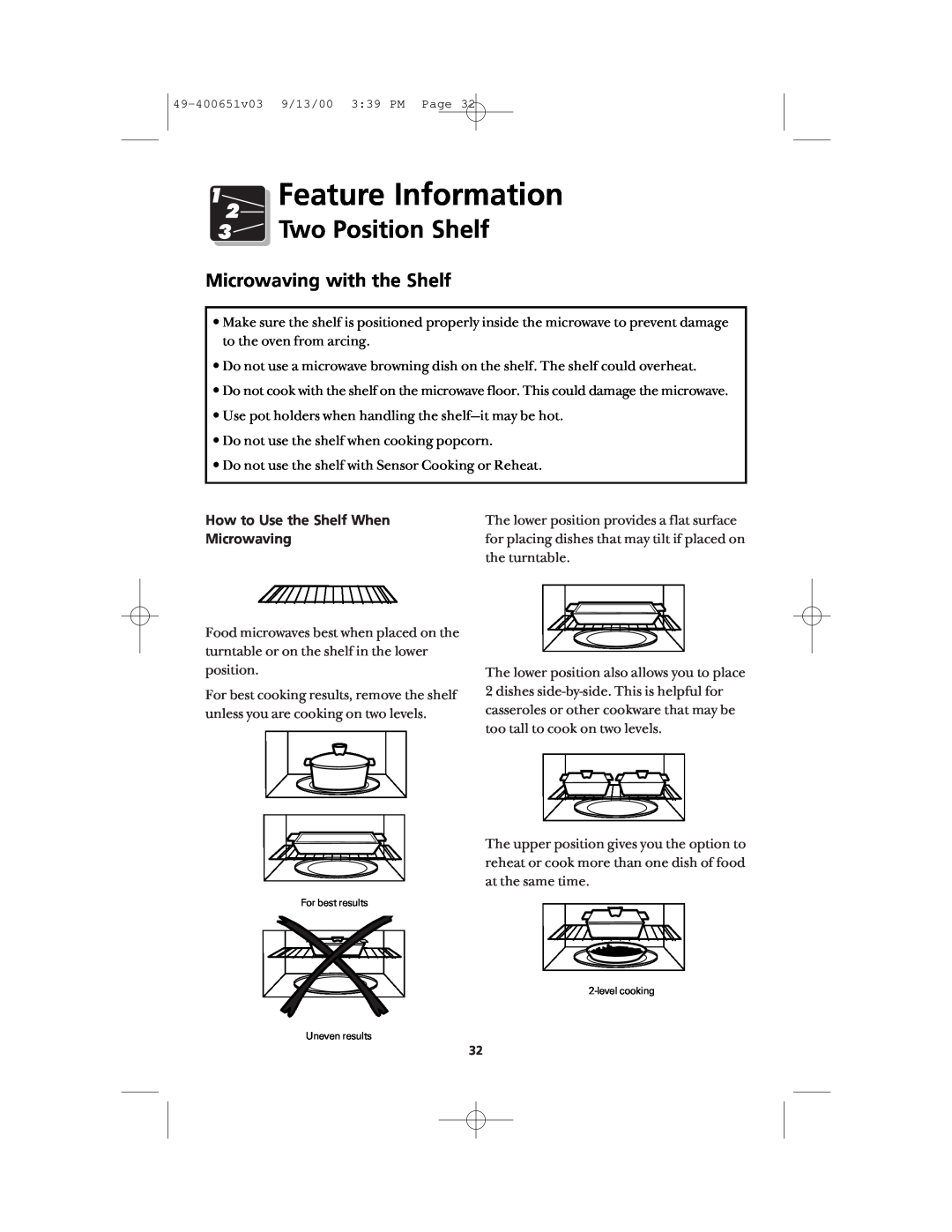Frigidaire FMT148 warranty Feature Information, Two Position Shelf, Microwaving with the Shelf 