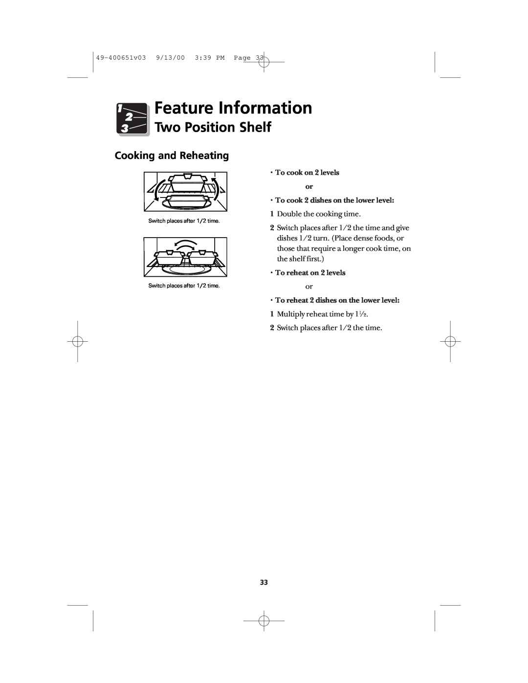 Frigidaire FMT148 warranty Cooking and Reheating, Feature Information, Two Position Shelf 