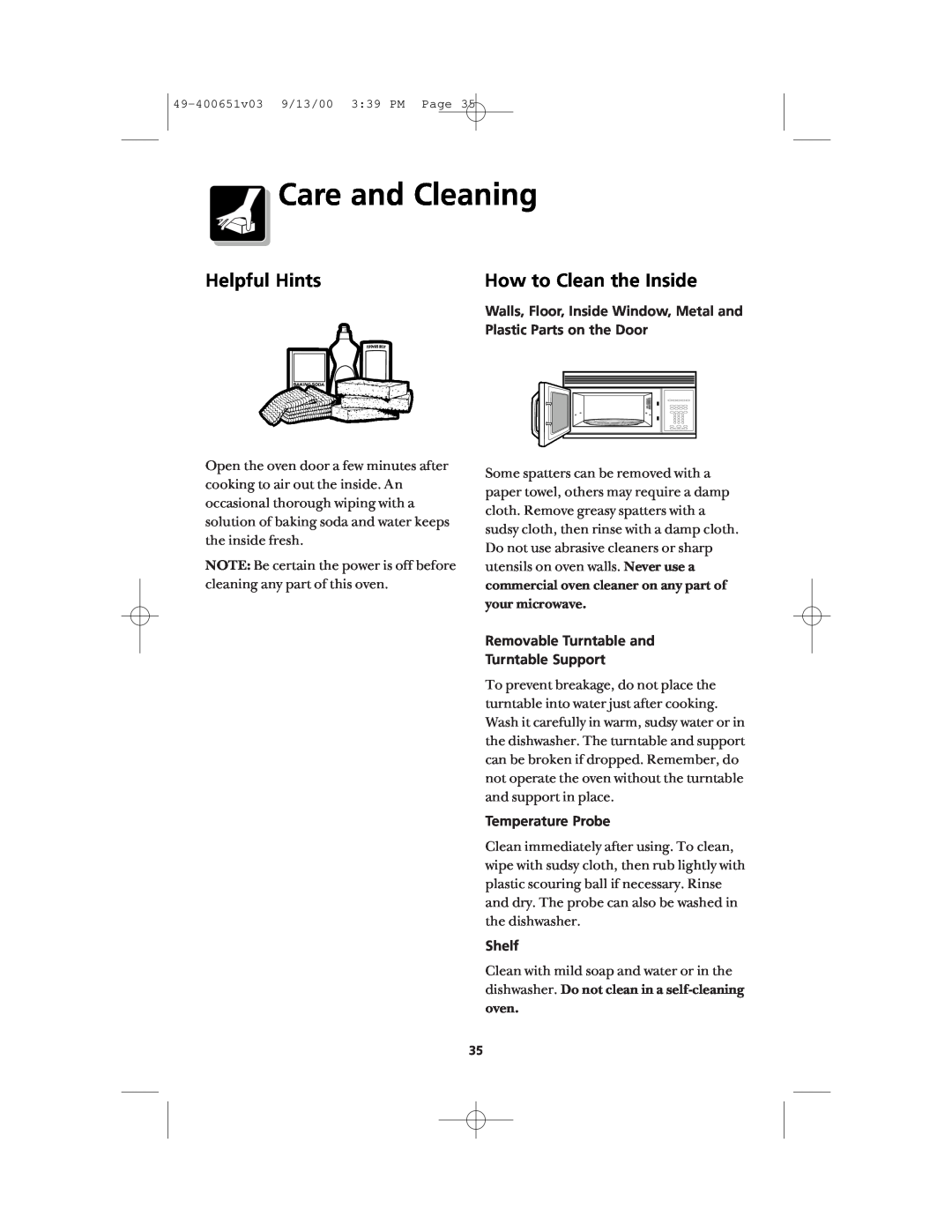 Frigidaire FMT148 Care and Cleaning, Helpful Hints, How to Clean the Inside, Removable Turntable and Turntable Support 