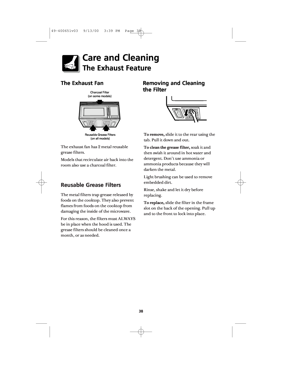 Frigidaire FMT148 warranty The Exhaust Feature, The Exhaust Fan, the Filter, Reusable Grease Filters, Care and Cleaning 