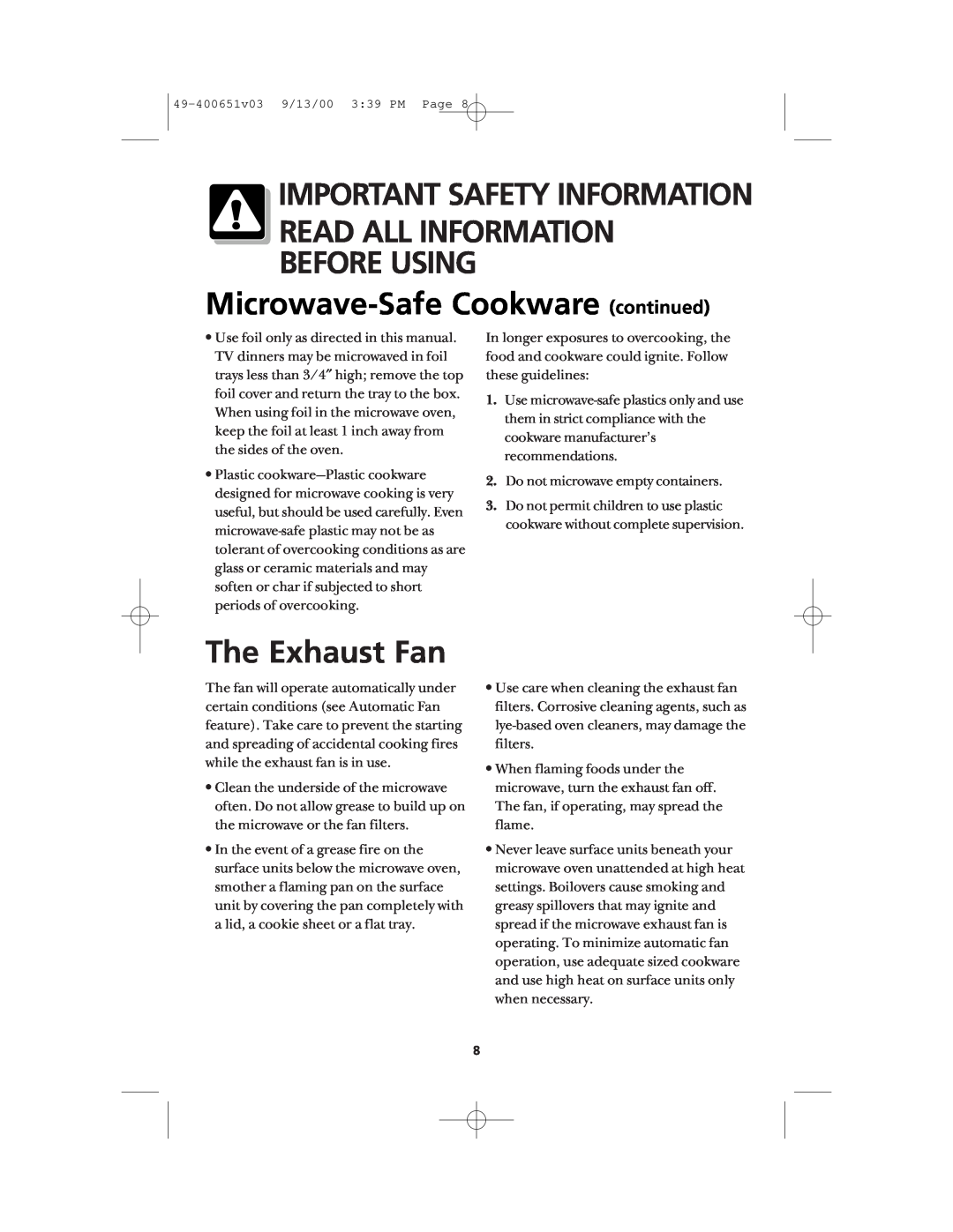 Frigidaire FMT148 warranty Microwave-Safe Cookware continued, The Exhaust Fan, Read All Information Before Using 