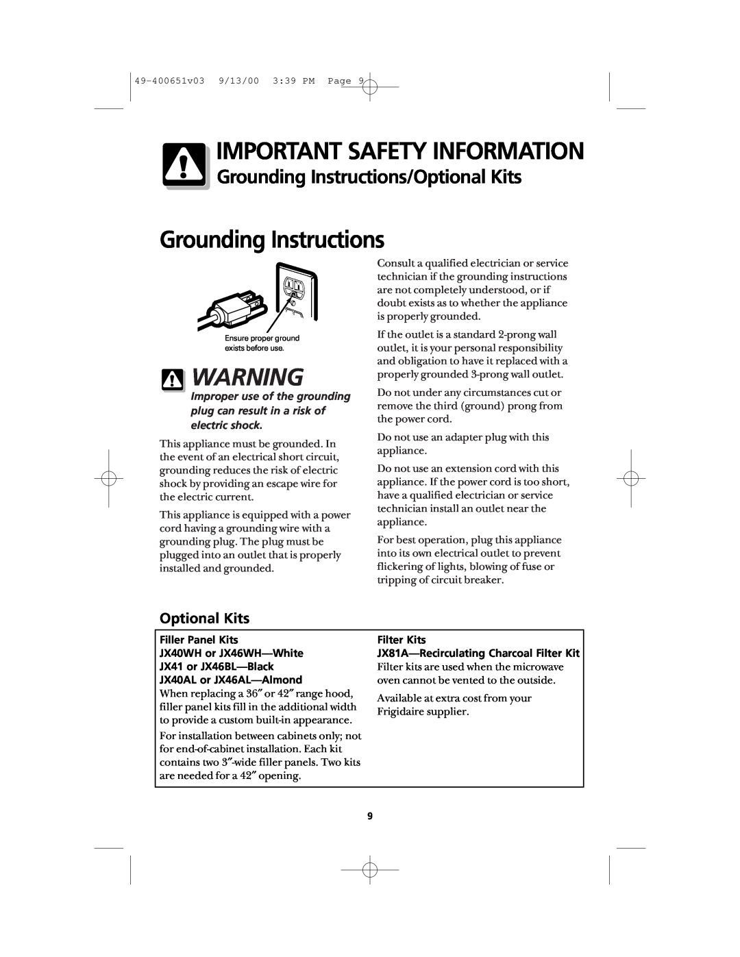 Frigidaire FMT148 warranty Grounding Instructions/Optional Kits, Important Safety Information, JX40AL or JX46AL-Almond 