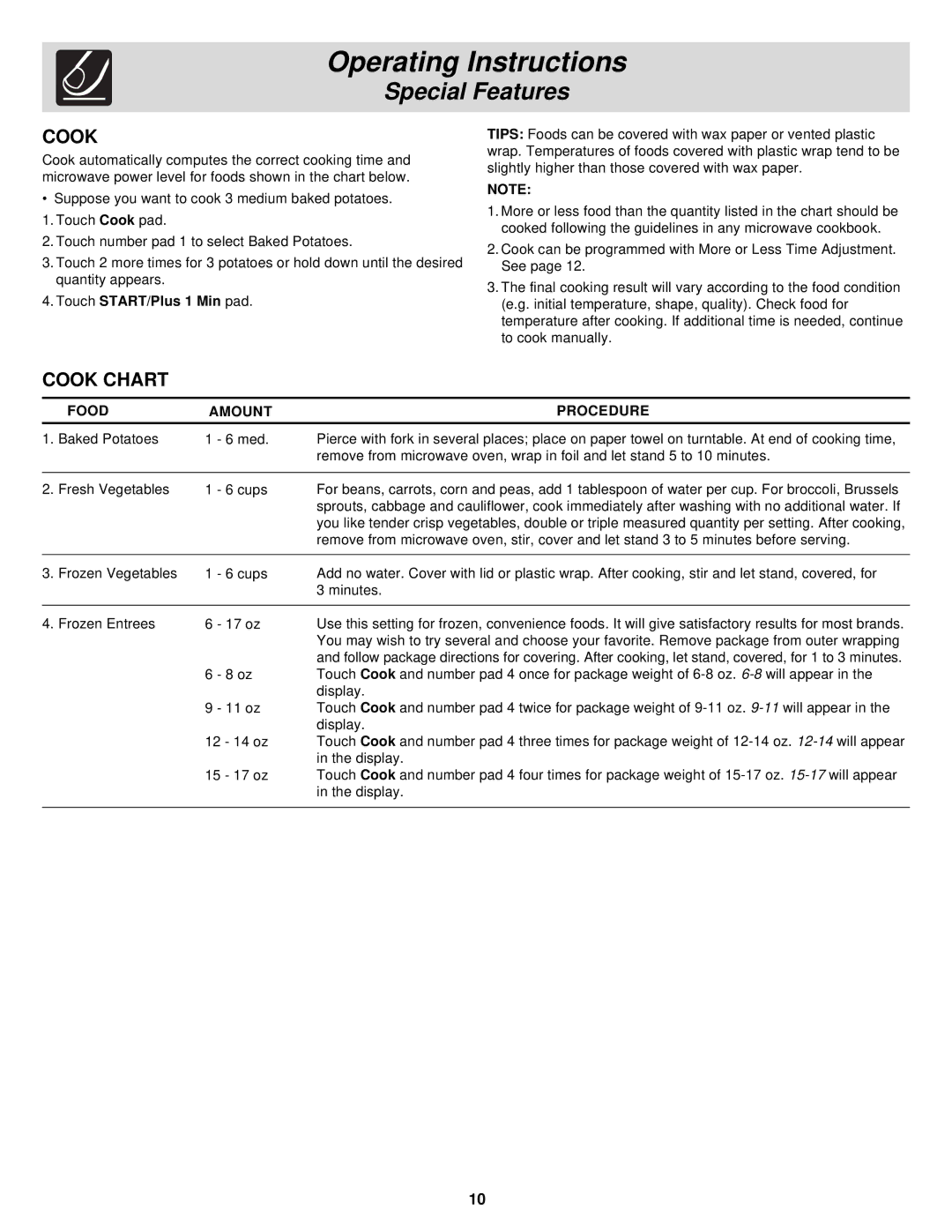 Frigidaire DQ, FMV156DB, DC, DS important safety instructions Cook Chart 