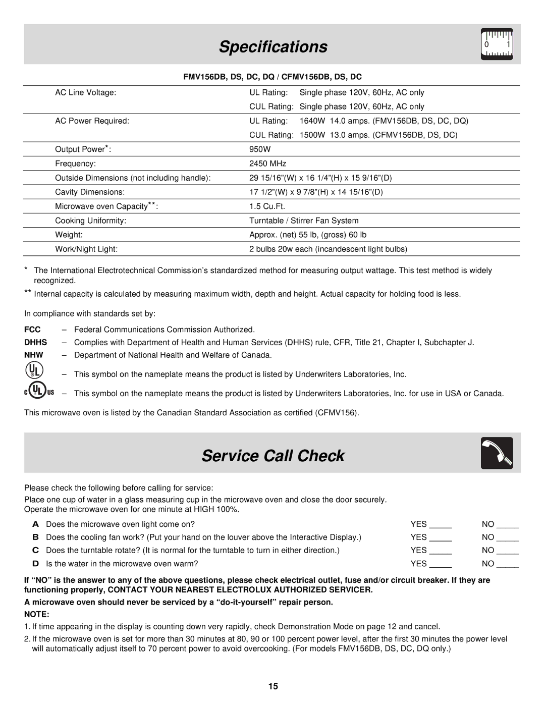 Frigidaire DS, FMV156DB, DC, DQ important safety instructions Specifications, Service Call Check 