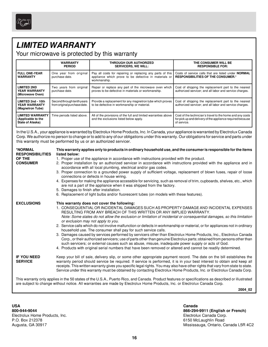 Frigidaire FMV156DB, DC, DQ, DS important safety instructions Limited Warranty 