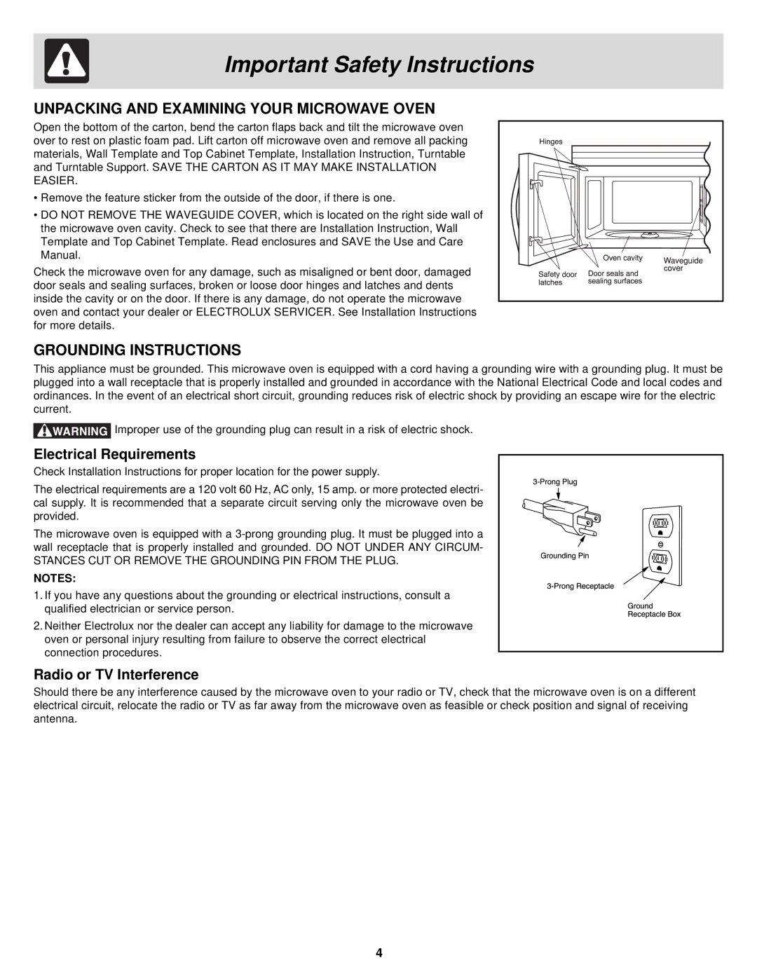 Frigidaire FMV156DB, DC, DQ, DS Unpacking and Examining Your Microwave Oven, Grounding Instructions 