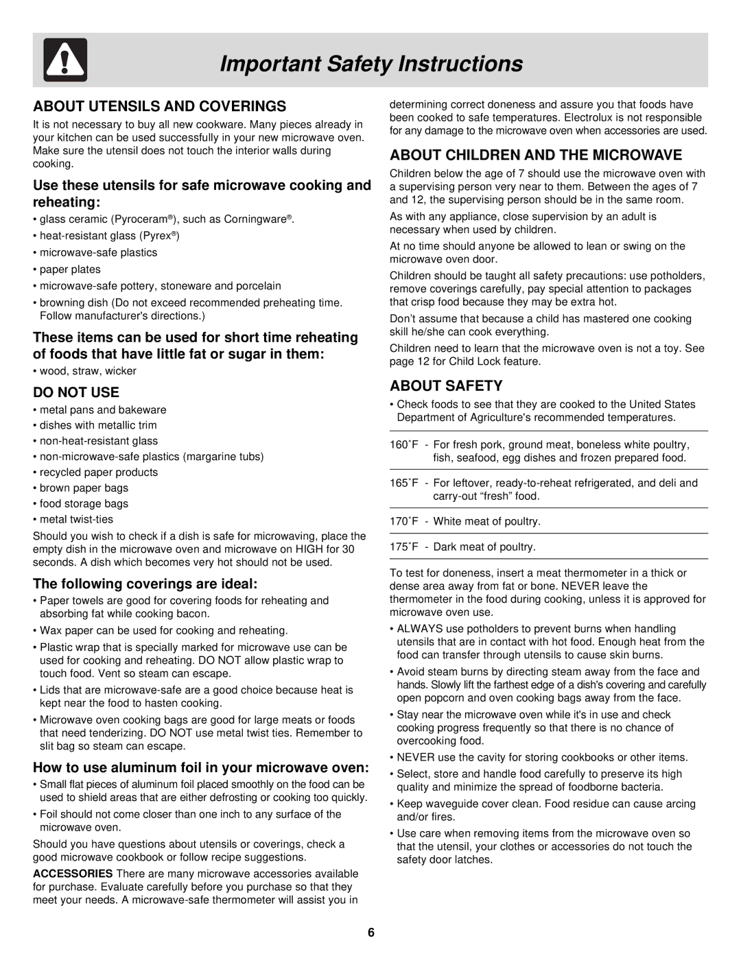 Frigidaire DQ, FMV156DB, DC, DS About Utensils and Coverings, About Children and the Microwave, About Safety 