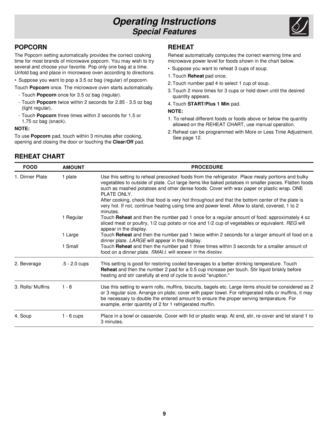 Frigidaire DC, FMV156DB, DQ, DS important safety instructions Operating Instructions, Popcorn, Reheat Chart 