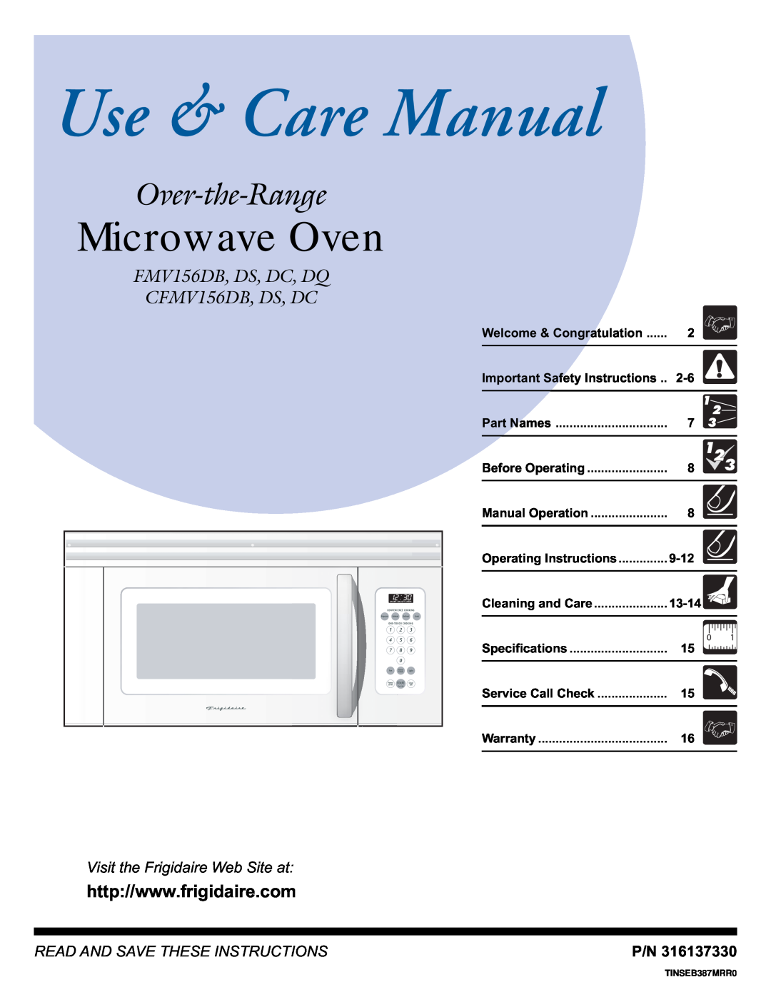 Frigidaire important safety instructions Microwave Oven, Over-the-Range, FMV156DB, DS, DC, DQ CFMV156DB, DS, DC, 9-12 