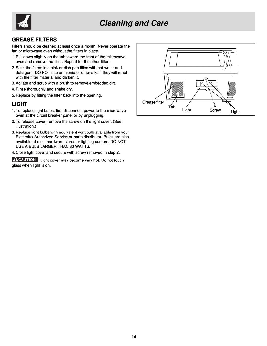 Frigidaire DQ, FMV156DB, DC, DS important safety instructions Grease Filters, Cleaning and Care, Light 