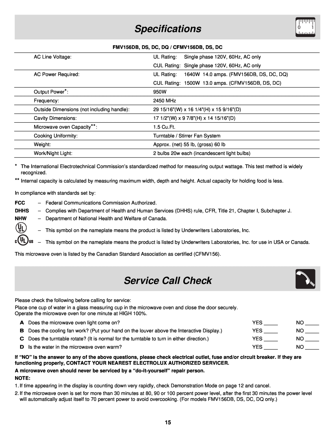 Frigidaire DS, FMV156DB, DC, DQ important safety instructions Specifications, Service Call Check 
