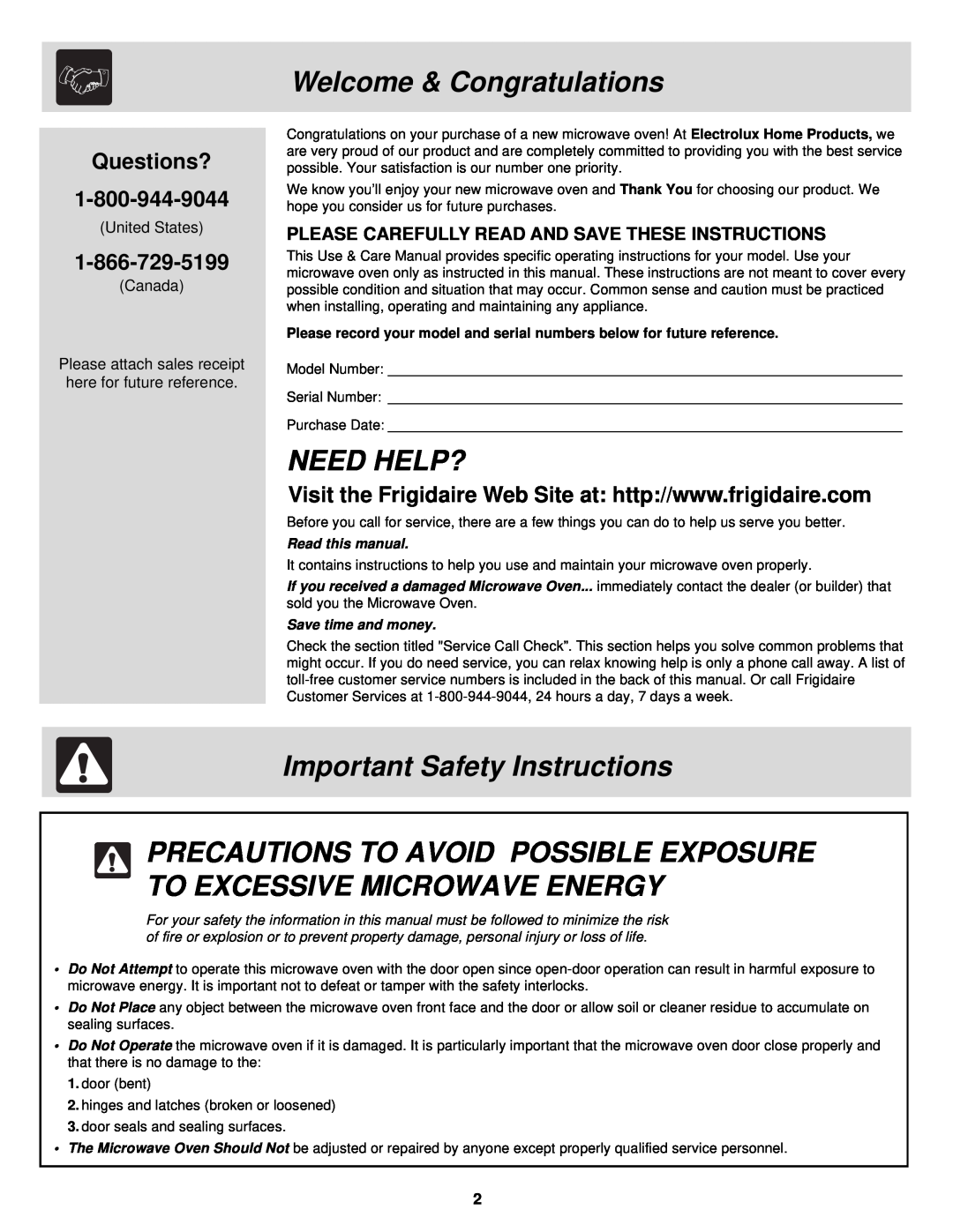 Frigidaire DQ, FMV156DB Welcome & Congratulations, Need Help?, Important Safety Instructions, Questions?, Read this manual 