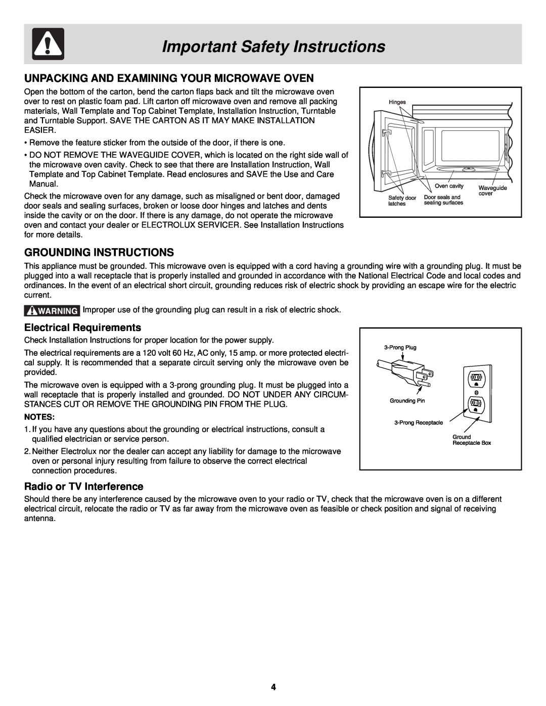 Frigidaire FMV156DB, DC, DQ, DS Unpacking And Examining Your Microwave Oven, Grounding Instructions, Electrical Requirements 