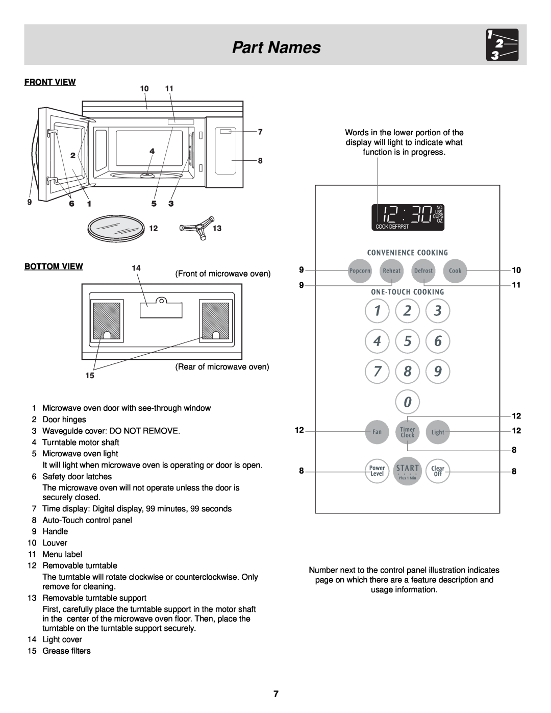Frigidaire DS, FMV156DB, DC, DQ important safety instructions Part Names, Front View, Bottom View, Front of microwave oven 