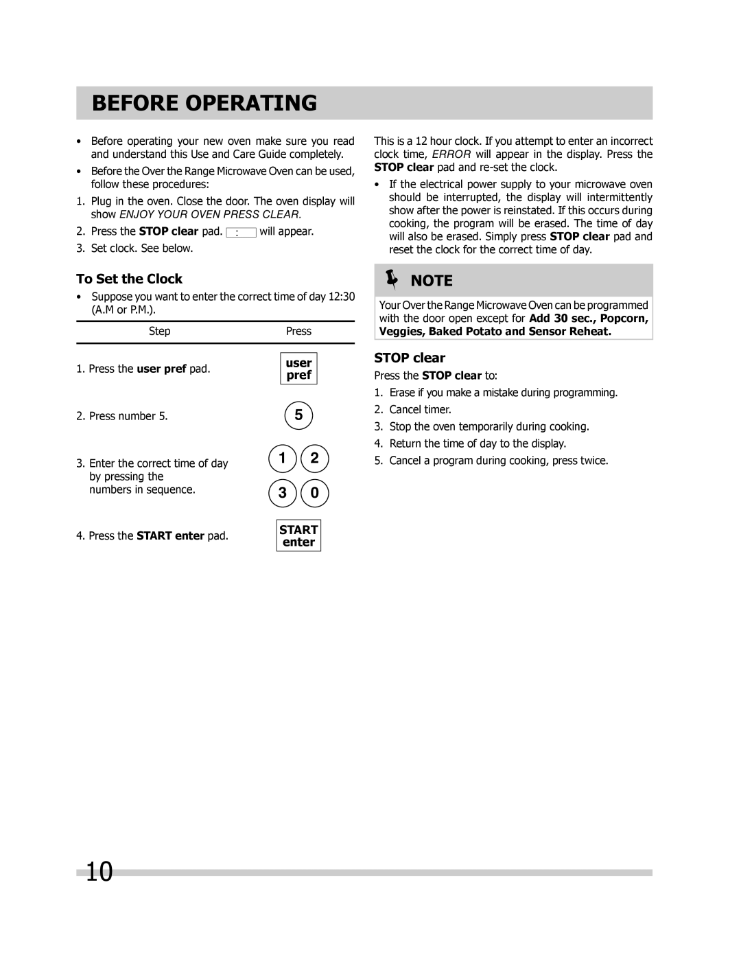 Frigidaire FGBM205KW manual Before Operating, To Set the Clock, Stop clear, User, Veggies, Baked Potato and Sensor Reheat 