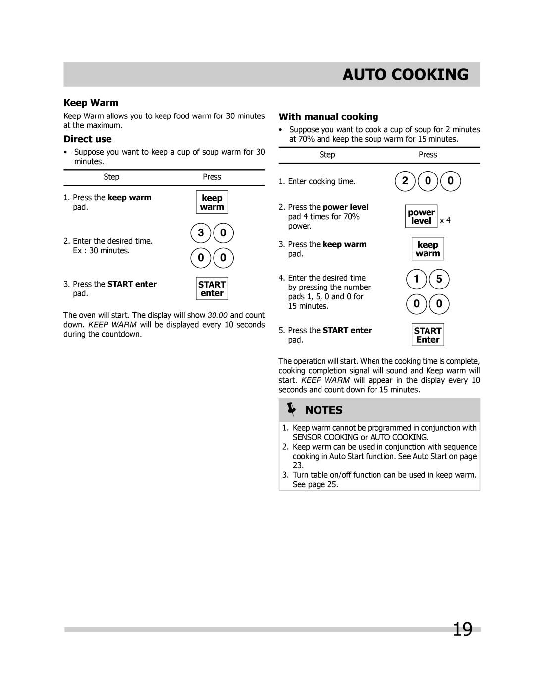 Frigidaire FGBM205KB, FPBM189KF, FGBM205KF, FGBM205KW Keep Warm, Direct use, With manual cooking 