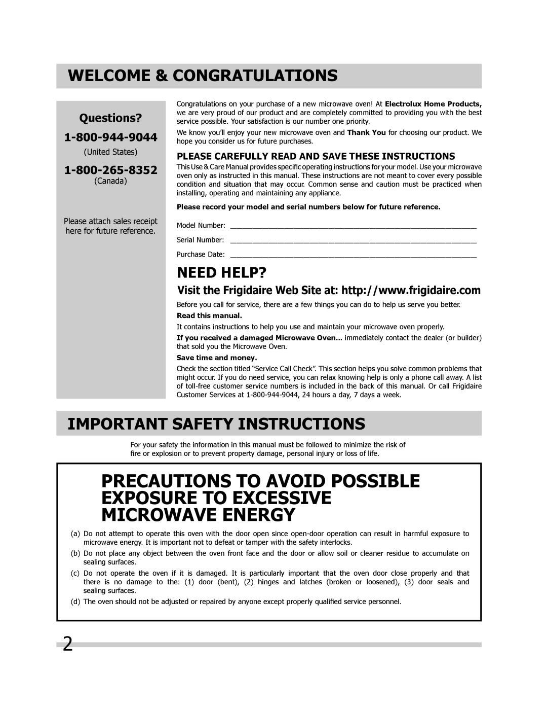 Frigidaire FGBM205KW, FPBM189KF, FGBM205KF, FGBM205KB manual Welcome & Congratulations, Important Safety Instructions 