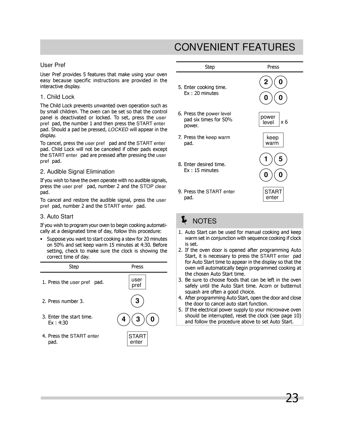 Frigidaire FGBM205KB, FPBM189KF manual Convenient Features, User Pref, Child Lock, Audible Signal Elimination, Auto Start 