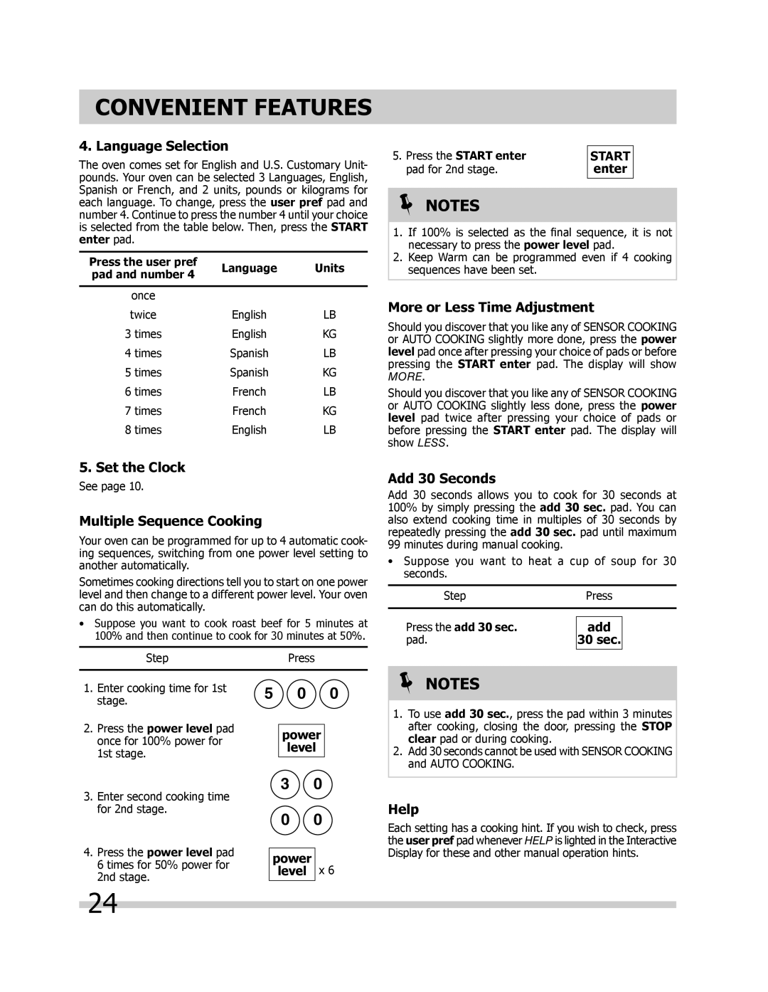 Frigidaire FPBM189KF Language Selection, More or Less Time Adjustment, Set the Clock, Multiple Sequence Cooking, Help 