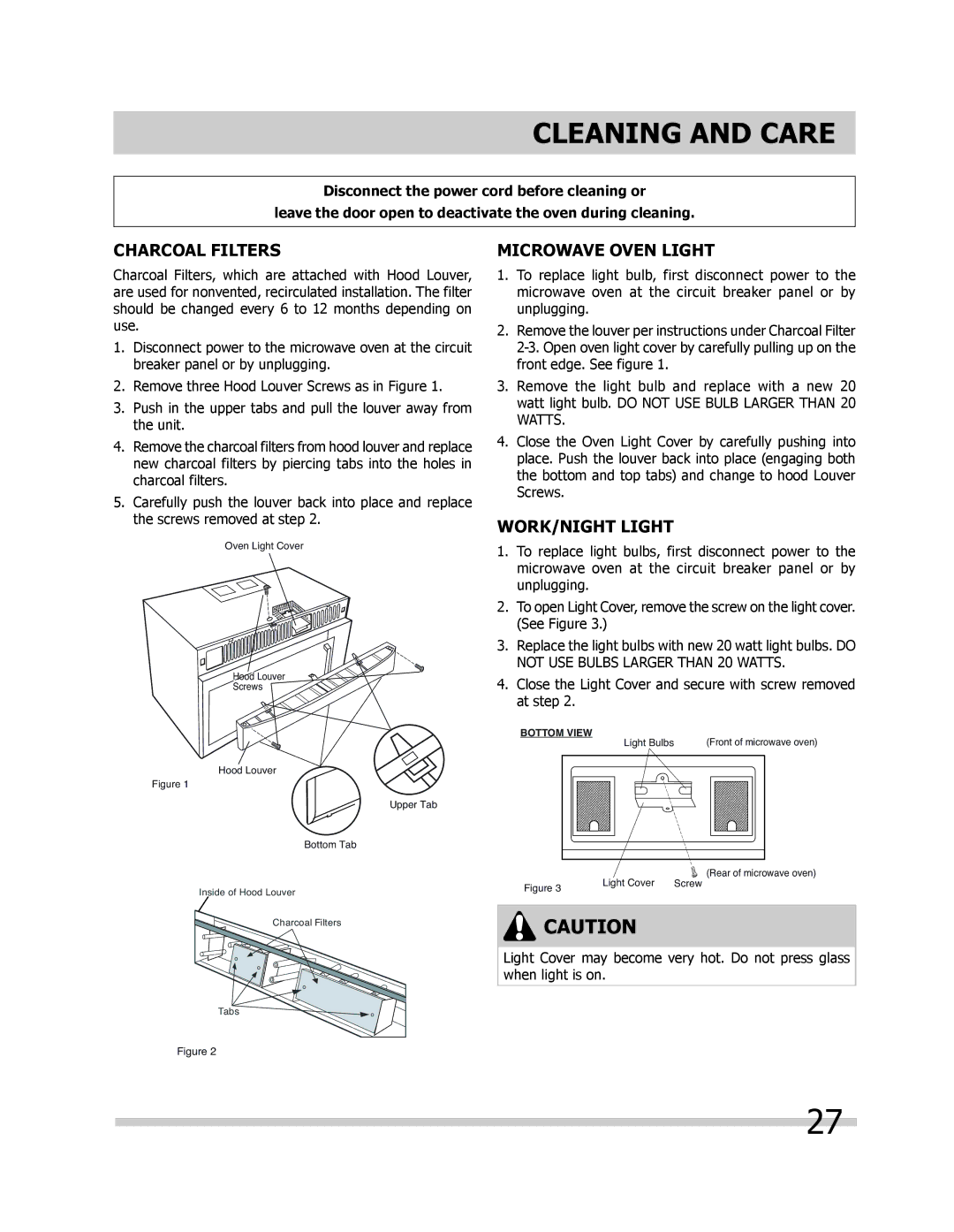 Frigidaire FGBM205KB, FPBM189KF, FGBM205KF, FGBM205KW manual Charcoal Filters, Microwave Oven Light, WORK/NIGHT Light 