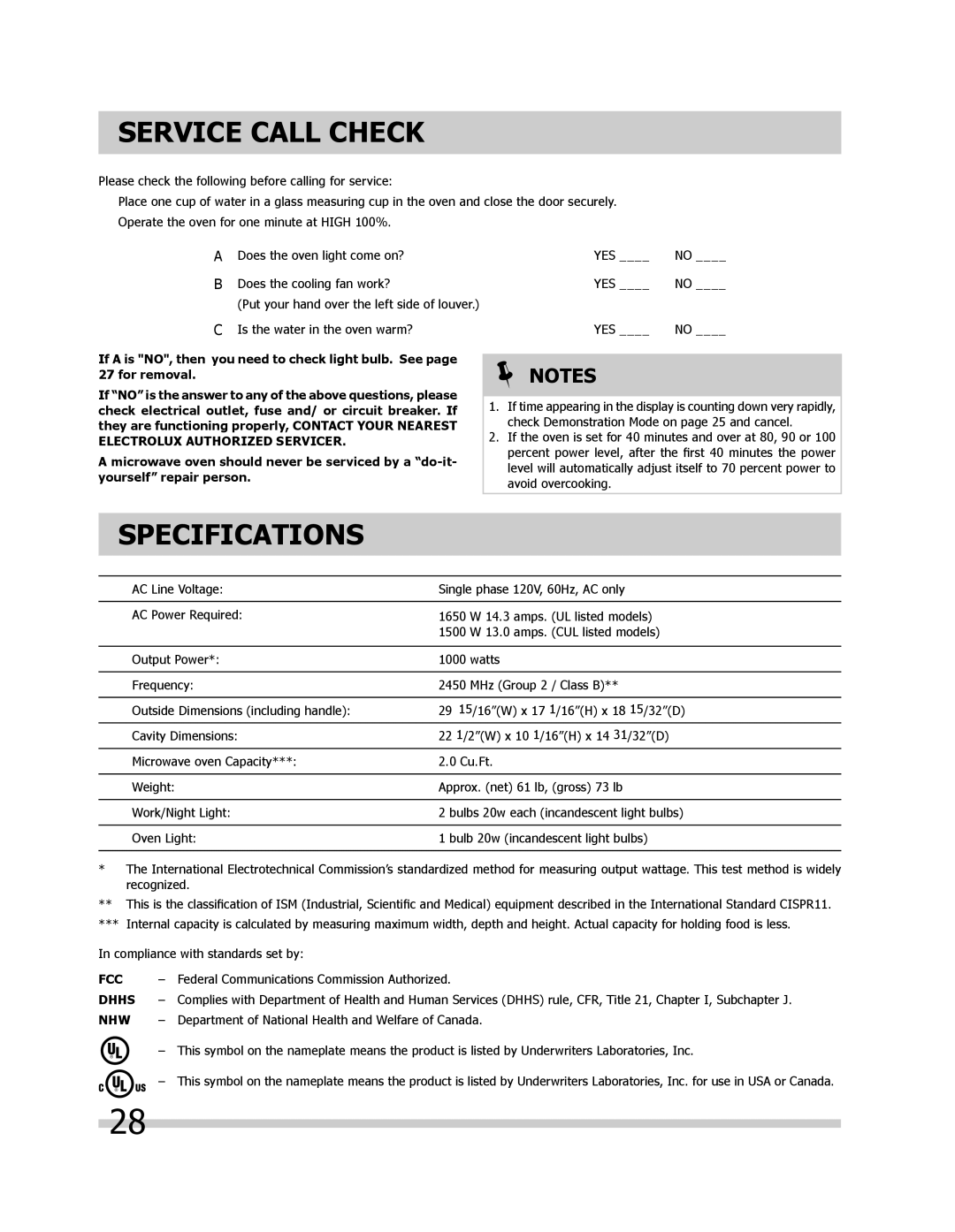 Frigidaire FPBM189KF, FGBM205KF, FGBM205KW, FGBM205KB manual Service Call Check, Specifications, Fcc, Dhhs, Nhw 