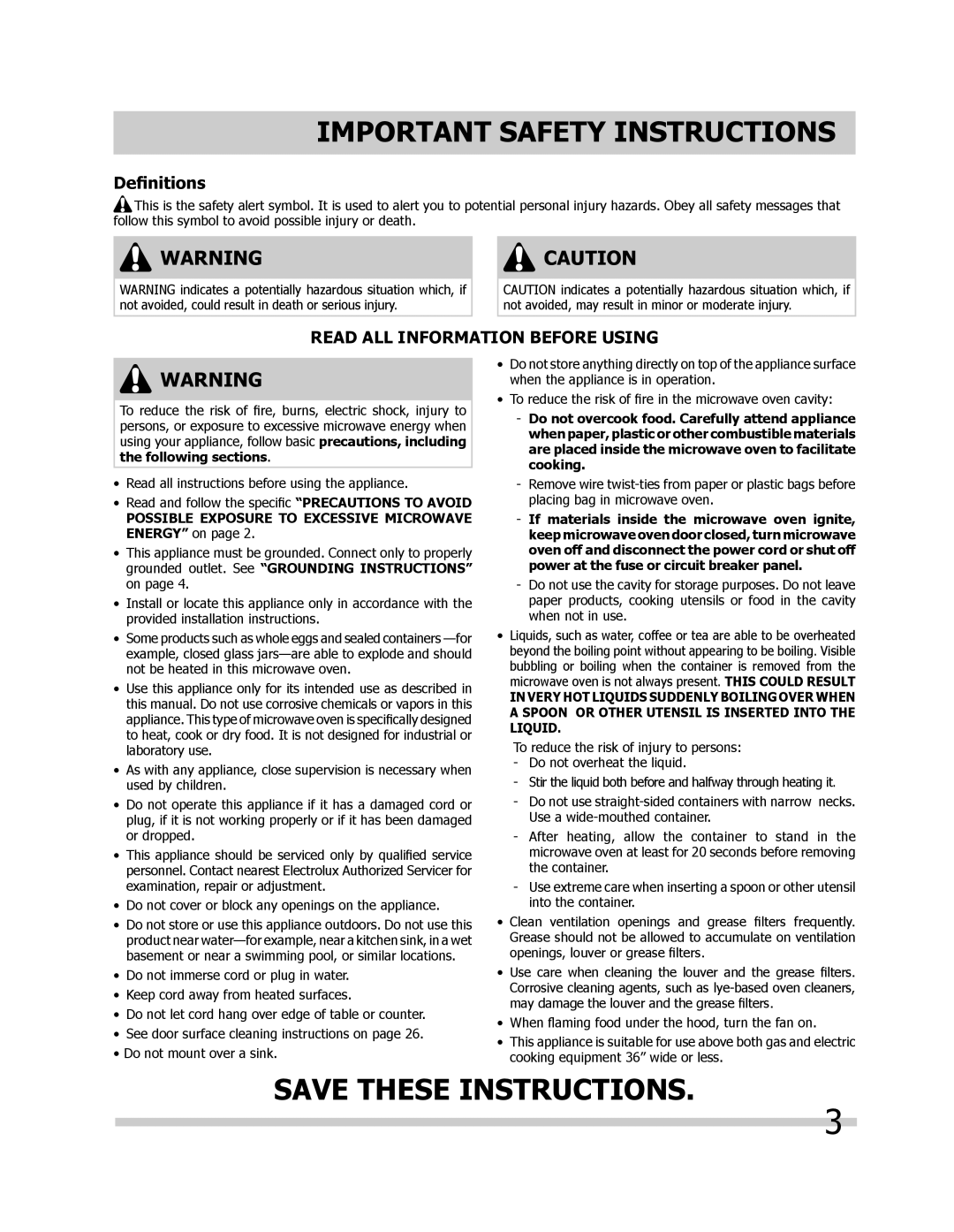 Frigidaire FGBM205KB Deﬁnitions, Read ALL Information Before Using, Possible Exposure to Excessive Microwave Energy on 