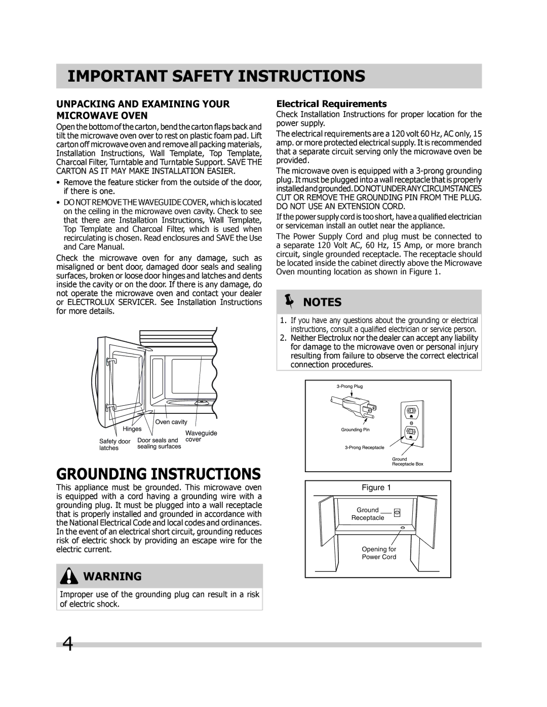 Frigidaire FPBM189KF, FGBM205KF, FGBM205KW, FGBM205KB Unpacking and Examining Your Microwave Oven, Electrical Requirements 