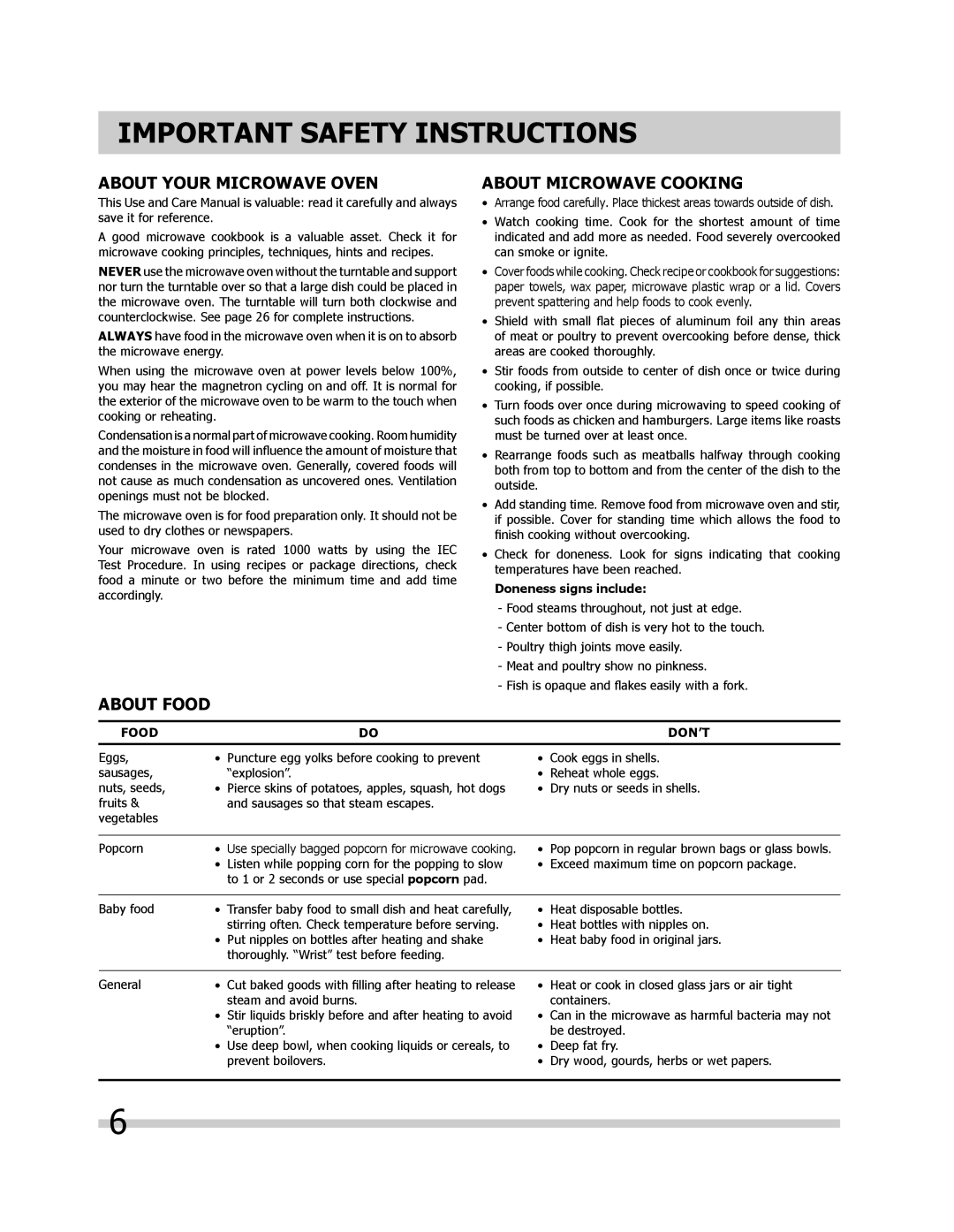 Frigidaire FGBM205KW, FPBM189KF, FGBM205KF manual About Your Microwave Oven, About Food About Microwave Cooking, Food DON’T 