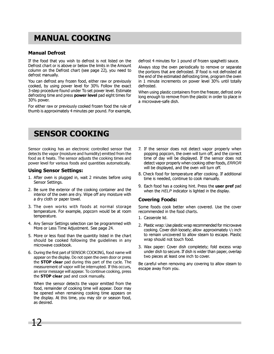 Frigidaire FPBM189KF, FGBM205KF manual Sensor Cooking, Manual Defrost, Using Sensor Settings, Covering Foods, Manual Cooking 