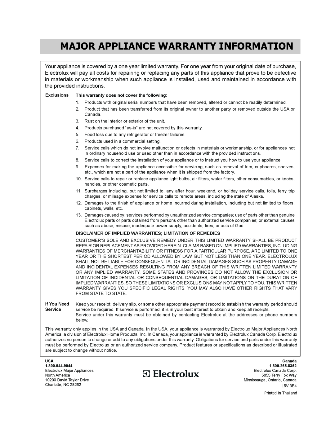 Frigidaire FGBM205KF manual Major Appliance Warranty Information, Exclusions This warranty does not cover the following 