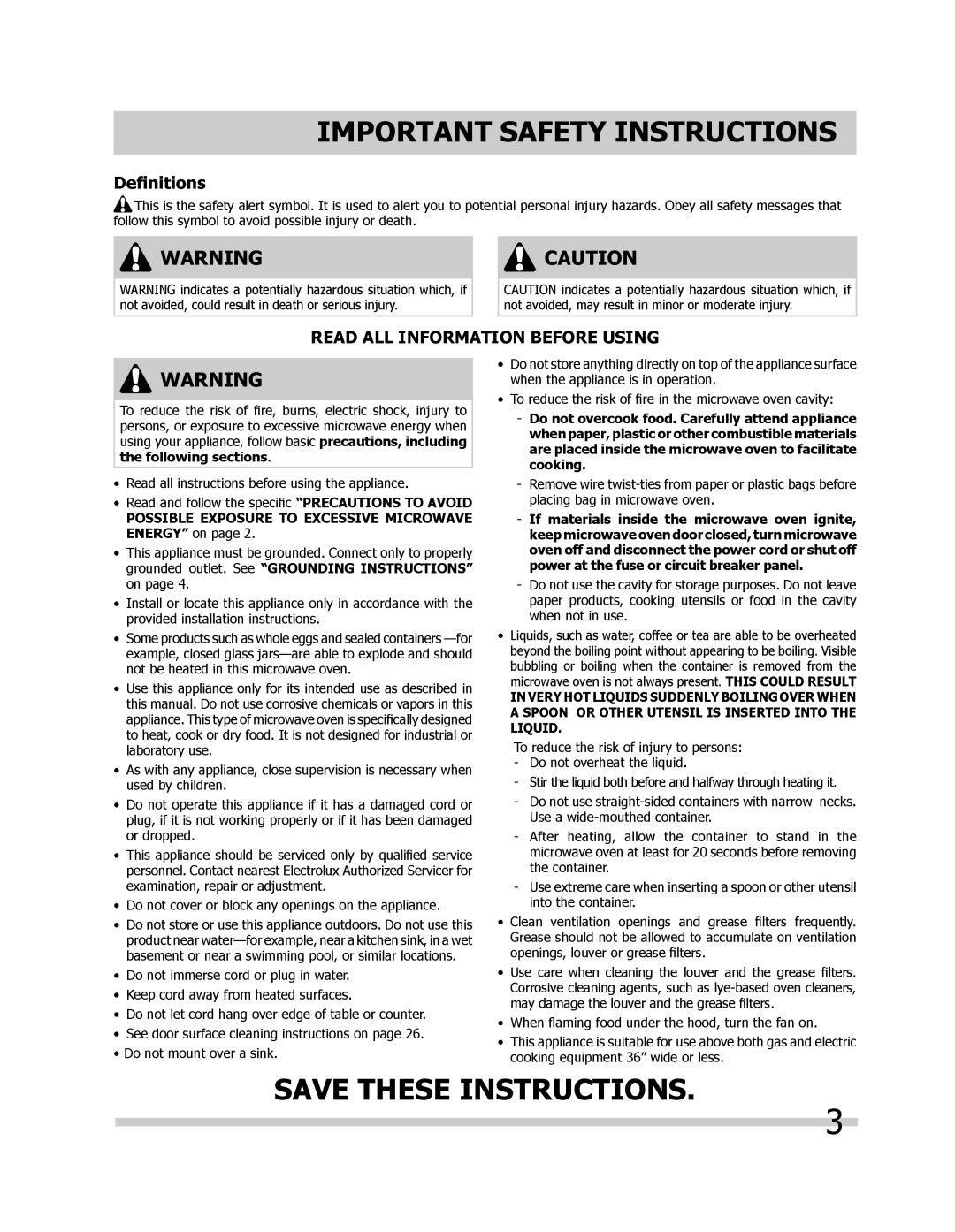 Frigidaire FGBM205KB Save These Instructions, Deﬁnitions, Read All Information Before Using, Important Safety Instructions 