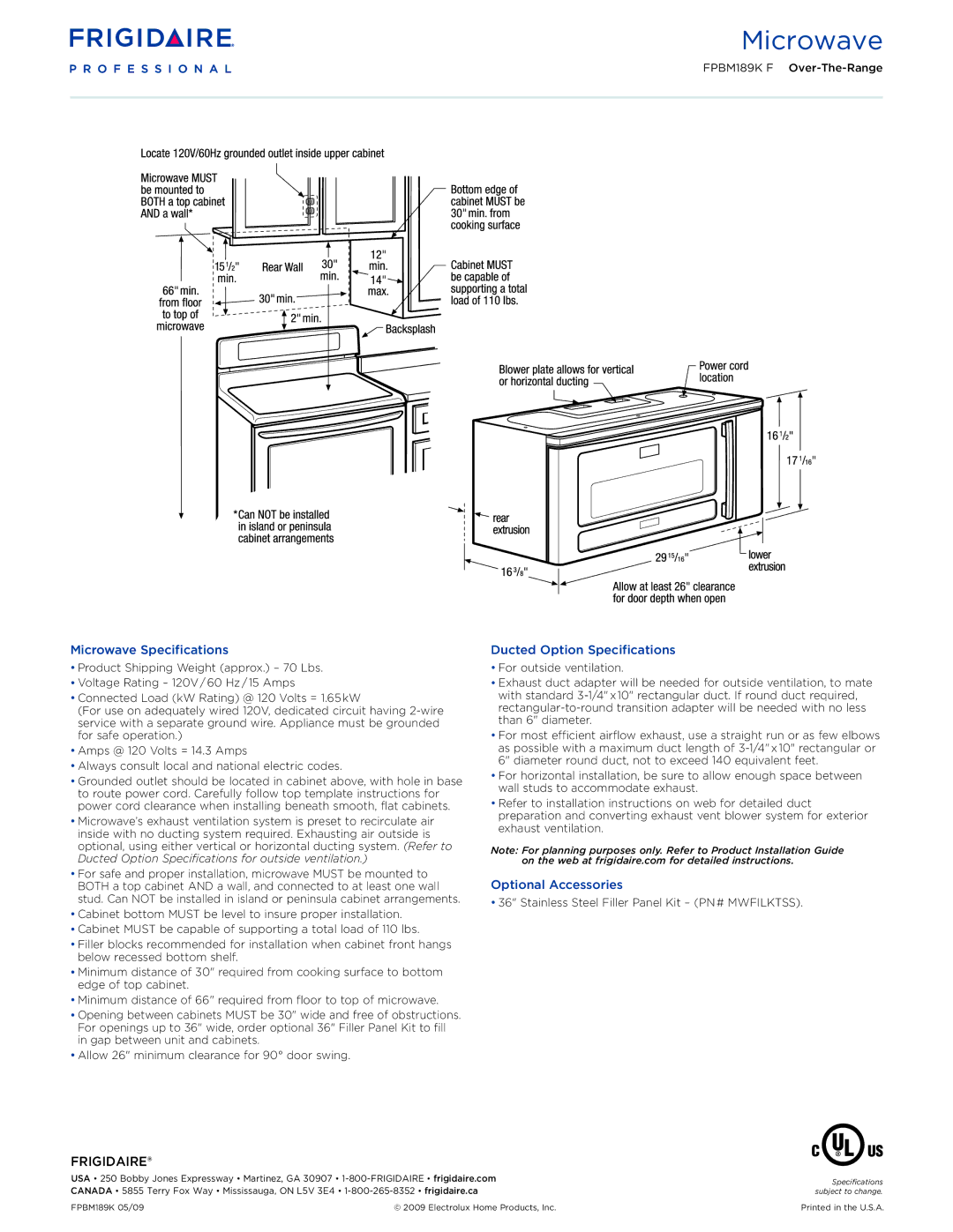 Frigidaire FPBM189KF dimensions Microwave Specifications, Ducted Option Specifications, Optional Accessories 