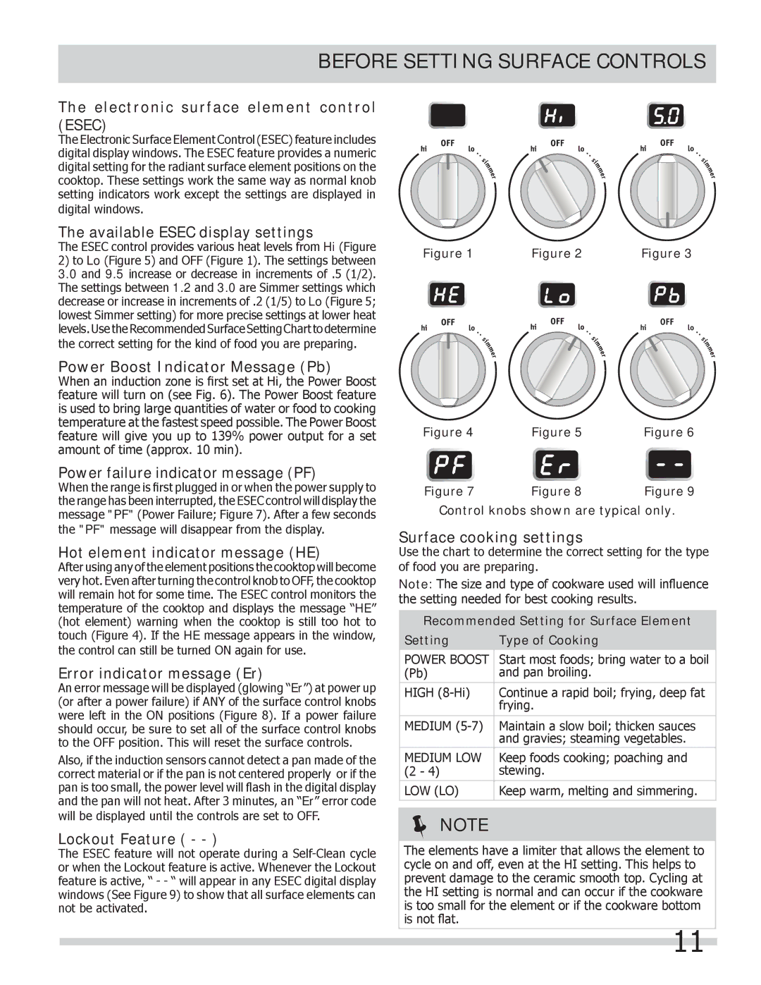 Frigidaire FPCS3085LF Electronic surface element control Esec, Available Esec display settings, Error indicator message Er 