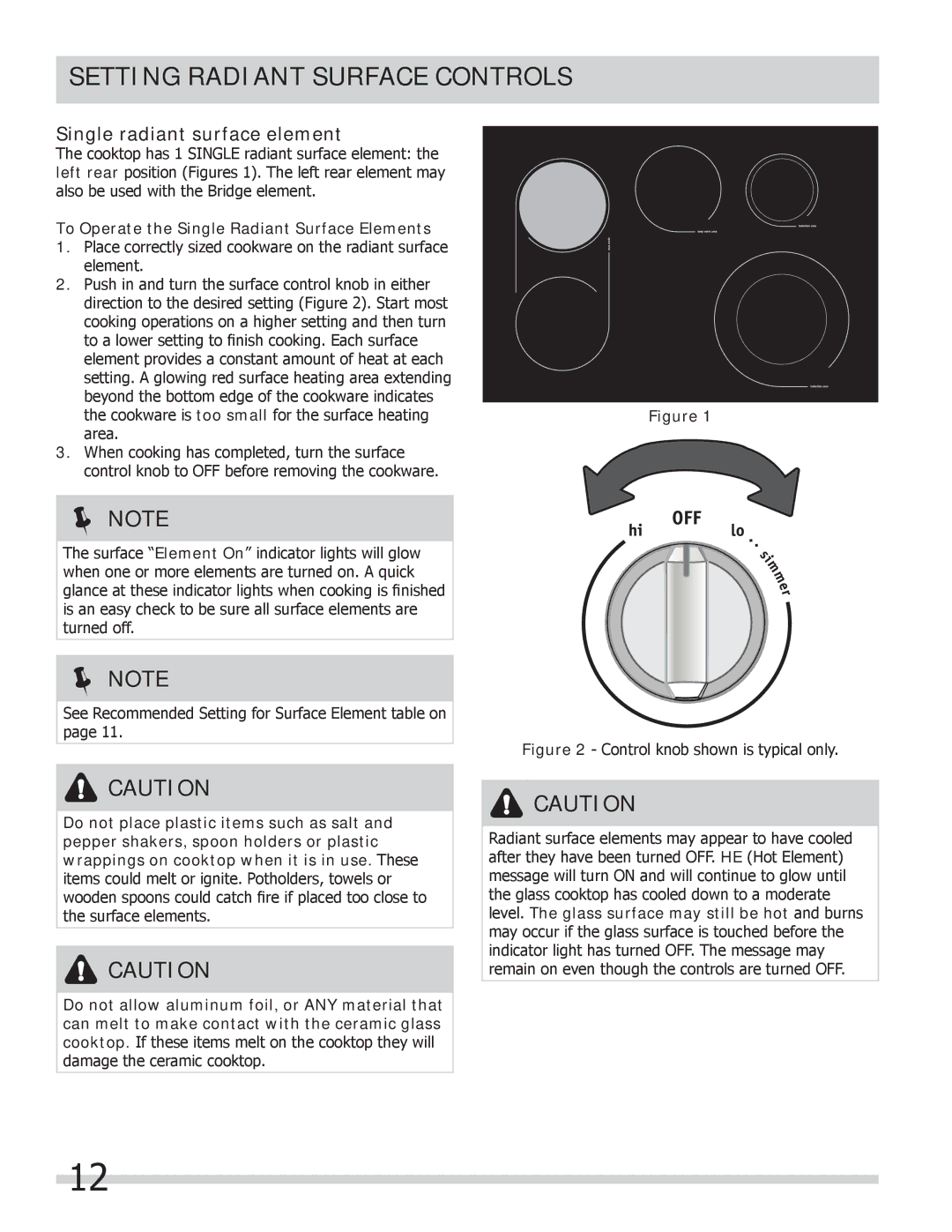 Frigidaire FPCS3085LF manual Setting Radiant Surface Controls, Single radiant surface element 