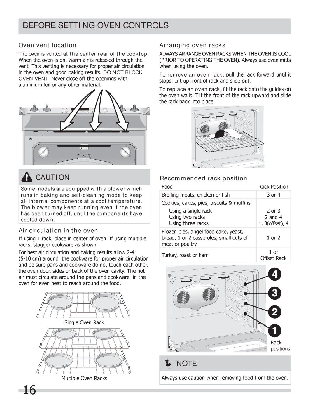 Frigidaire FPCS3085LF Before Setting Oven Controls, Oven vent location, Air circulation in the oven, Arranging oven racks 