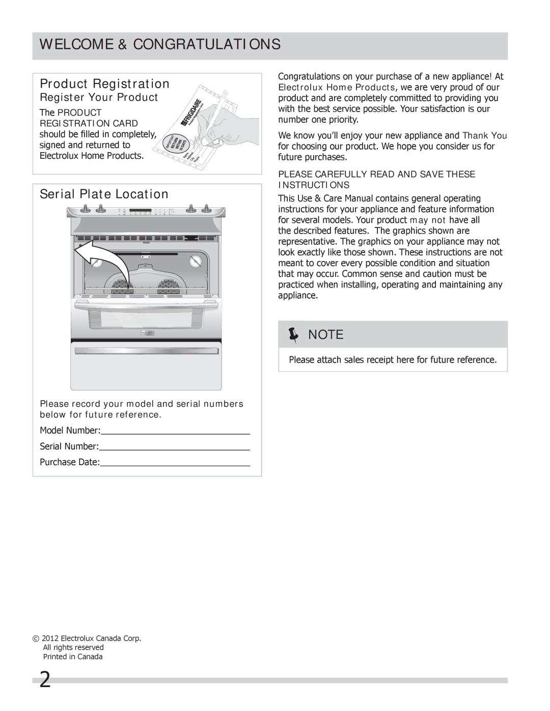 Frigidaire FPCS3085LF Welcome & Congratulations, Register Your Product, Please Carefully Read and Save These Instructions 