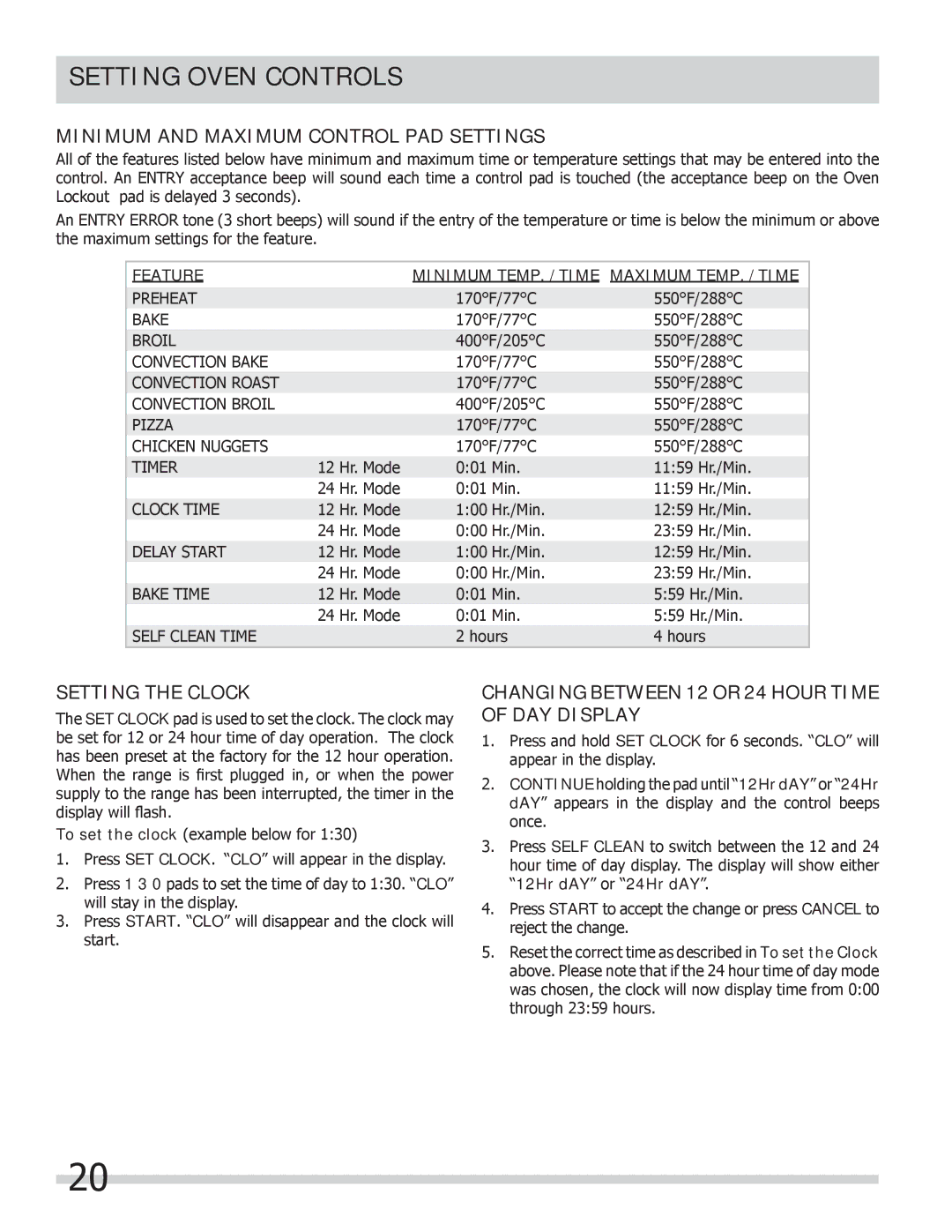 Frigidaire FPCS3085LF manual Minimum and Maximum Control PAD Settings, Setting the Clock 