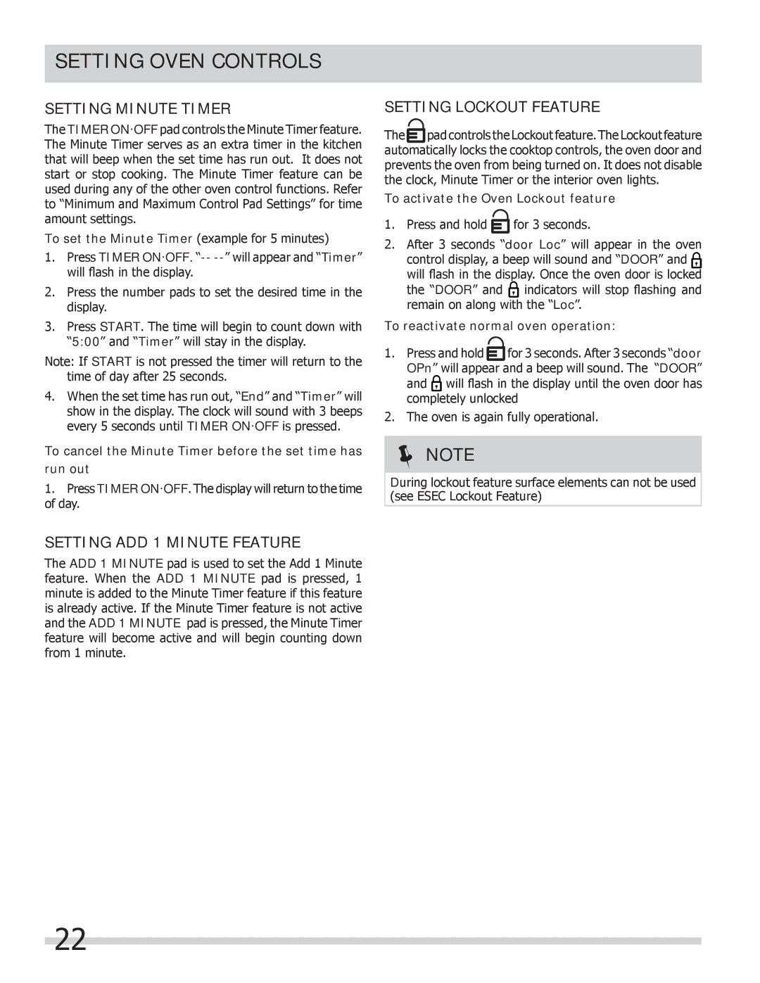 Frigidaire FPCS3085LF manual Setting Minute Timer, Setting ADD 1 Minute Feature, Setting Lockout Feature 