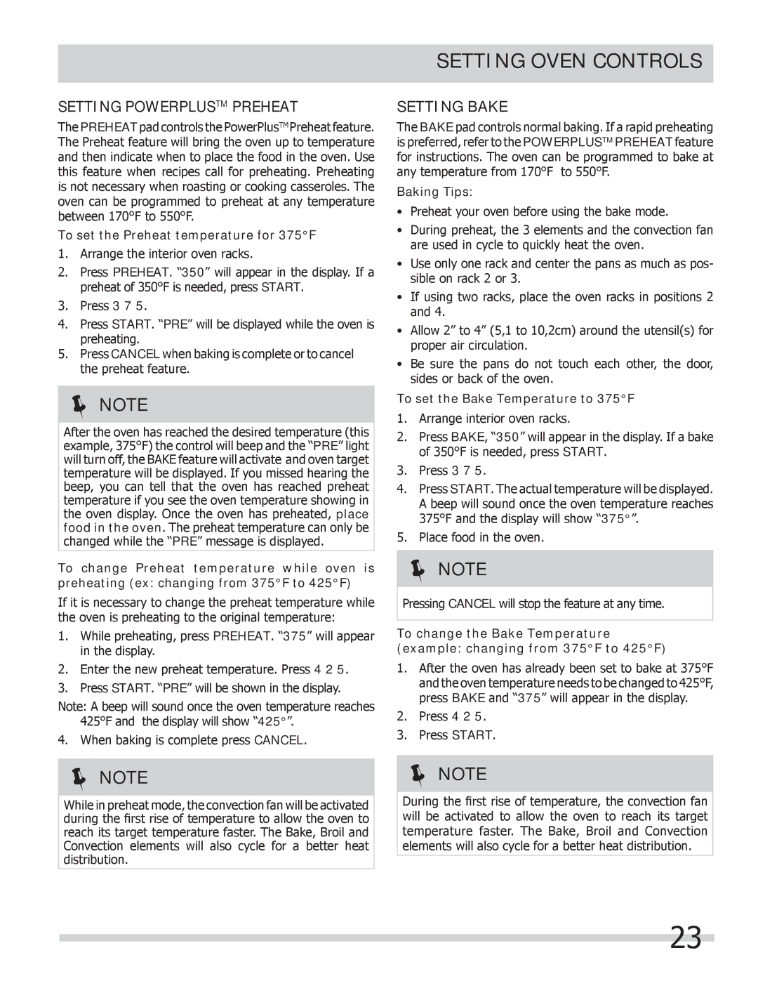 Frigidaire FPCS3085LF Setting Powerplustm Preheat, Setting Bake, To set the Preheat temperature for 375F, Baking Tips 